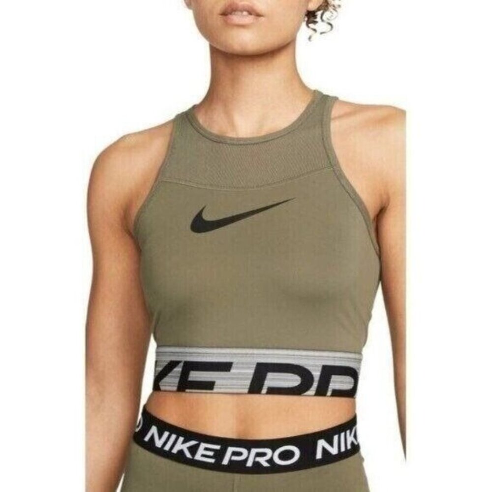 Pro Womens Olive Green Cropped Tank Top With Racerback & Elastic Logo Band